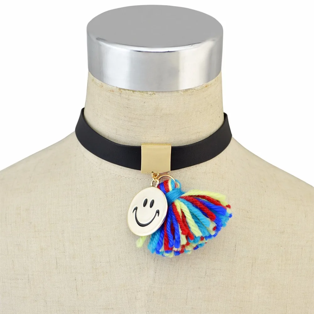 Bohemian Black Leather Alloy Neckband Choker Necklace Big Round Smile