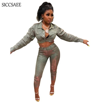 

2019 Spring New Siliver Sequins Two Piece Set Crop Top And Pants Sweat Suit Matching Sets Sexy Glitter Outfits For Women Sparkly
