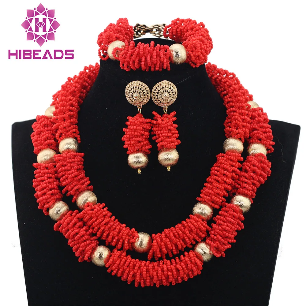Charming Red African Beaded Jewelry Set Dubai Bridal Women Necklace Earrings Set Free Shipping QW968 a suit of charming heart circle necklace and earrings for women