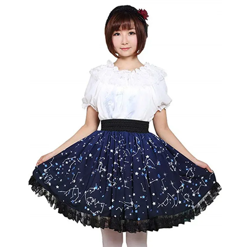 

Adomoe new Custom made Plus Size Dark Blue Stars Constellation Printed Lolita Lace Sweet Skirt Women Pleated Soft Sister SK