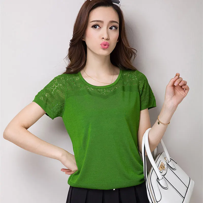 

2019 Short-sleeved loose shirt female summer new Korean version of the hollow knitted wild large color solid tide