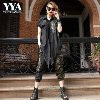 

Summer New Brand Top Quality Camouflage Print Patchwork Loose 2 Piece Set Women Irregular Slim Top Shirt Harem Calf Length Pants