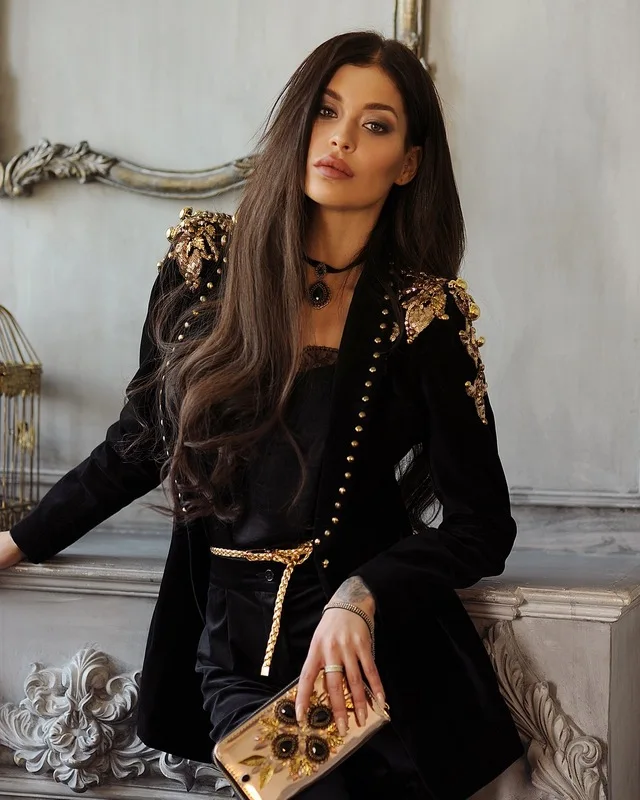 Promo Top Quality Black Fashion Women Beading Coat Celebrity Slim Jacket