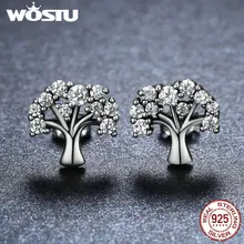 WOSTU, высокое качество, 925 пробы серебро, древо жизни, прозрачные CZ серьги-гвоздики для женщин, свадебные ювелирные украшения, подарок FIE068