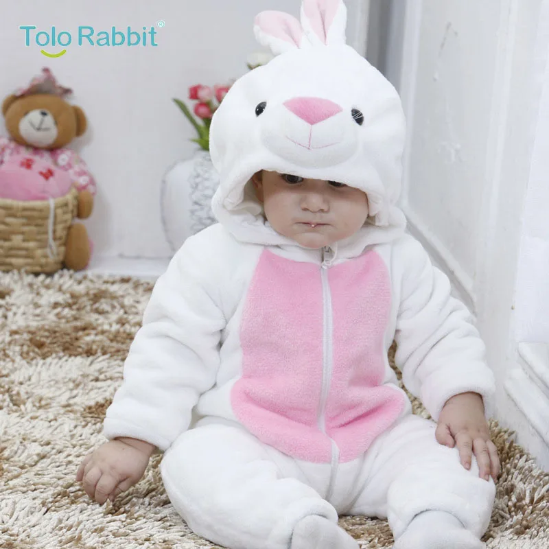 Baby Cartoon Rompers Newborn Hooded Toddler Clothing Boys Girls Minions Animal Jumpsuit Playsuit Costume Flannel Baby Rompers - Цвет: White rabbit