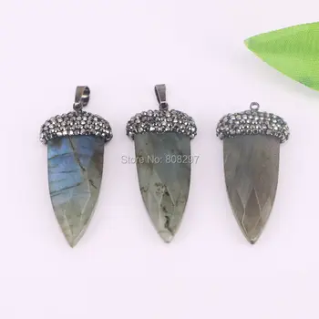 

6Pcs Natural Labradorite Pave Rhinestone Arrow Point Shape Charm Pendants For Jewelry Making