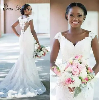 

Double Shouler Short Sleeve White Wedding dresses Mermaid Style Illusion Back Lace Appliques Wedding Gowns Bride Dress W0399