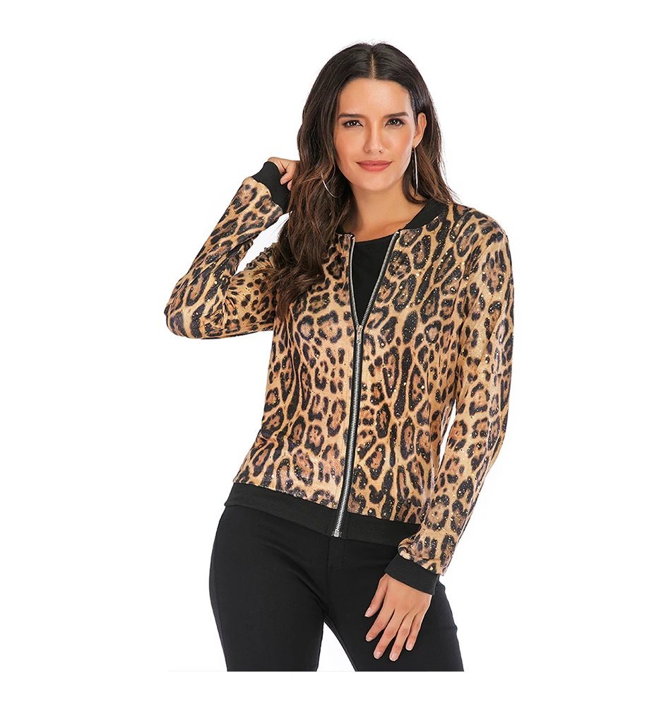 Леопардовая куртка-бомбер с золотым тиснением для женщин, летнее пальто размера плюс на молнии с длинным рукавом, женские короткие Базовые Куртки, женские топы