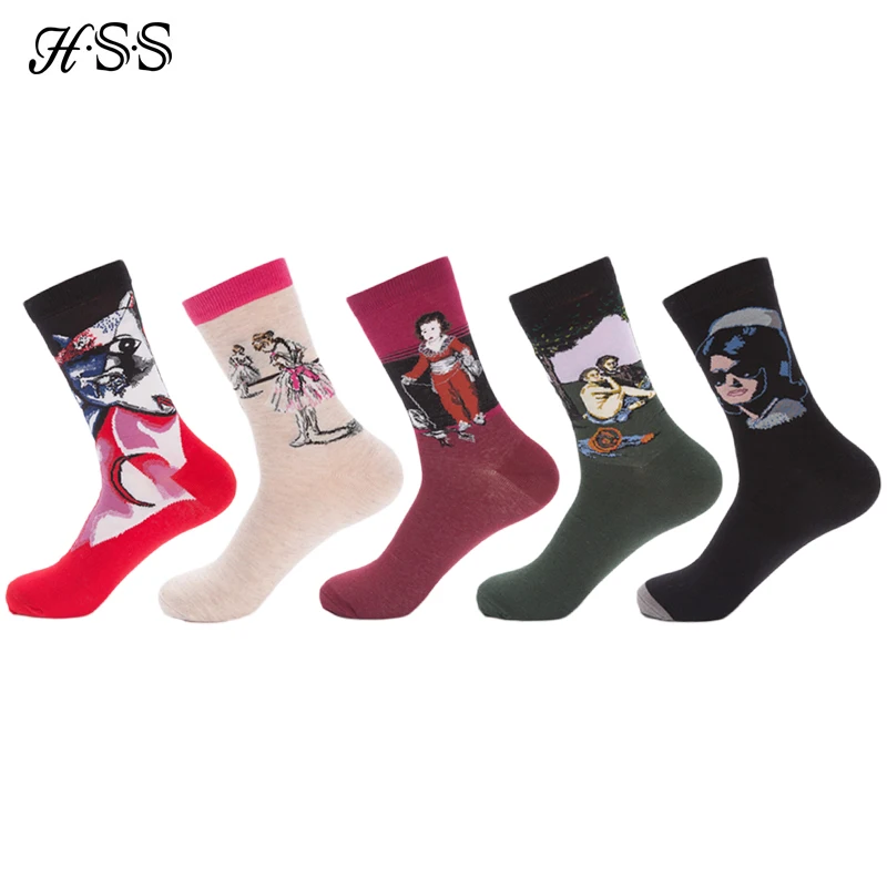 

HSS Brand 5Pairs Men's Cotton Happy Socks Funny Combed Colorful Multi Pattern Long Sock Skateboard Casual Socks for Men Big Size