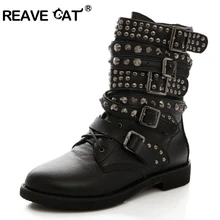 REAVE CAT/зимние женские ботильоны с круглым носком, на шнуровке, с заклепками, на низком каблуке, с пряжкой, в Военном Стиле, в байкерском стиле, большие размеры