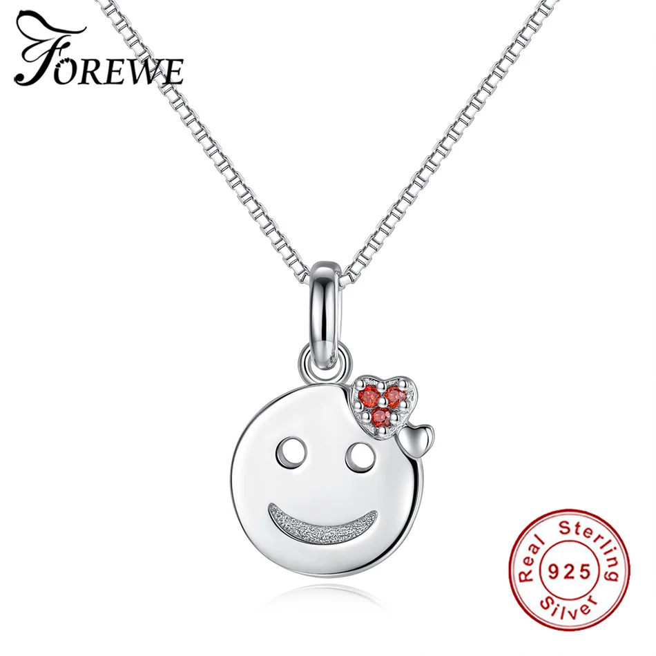 

Forewe Cute Smile Face Round Pendant Necklace with Crystal 925 Sterling Silver Chain Necklaces for Women Jewelry Christmas Gifts