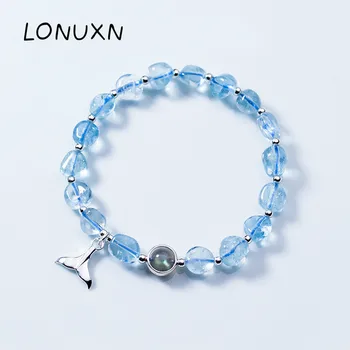 

High quality 925 sterling silver mermaid fishtail irregular blue crystal bracelet cute Natural moonstone moonlight stone beads