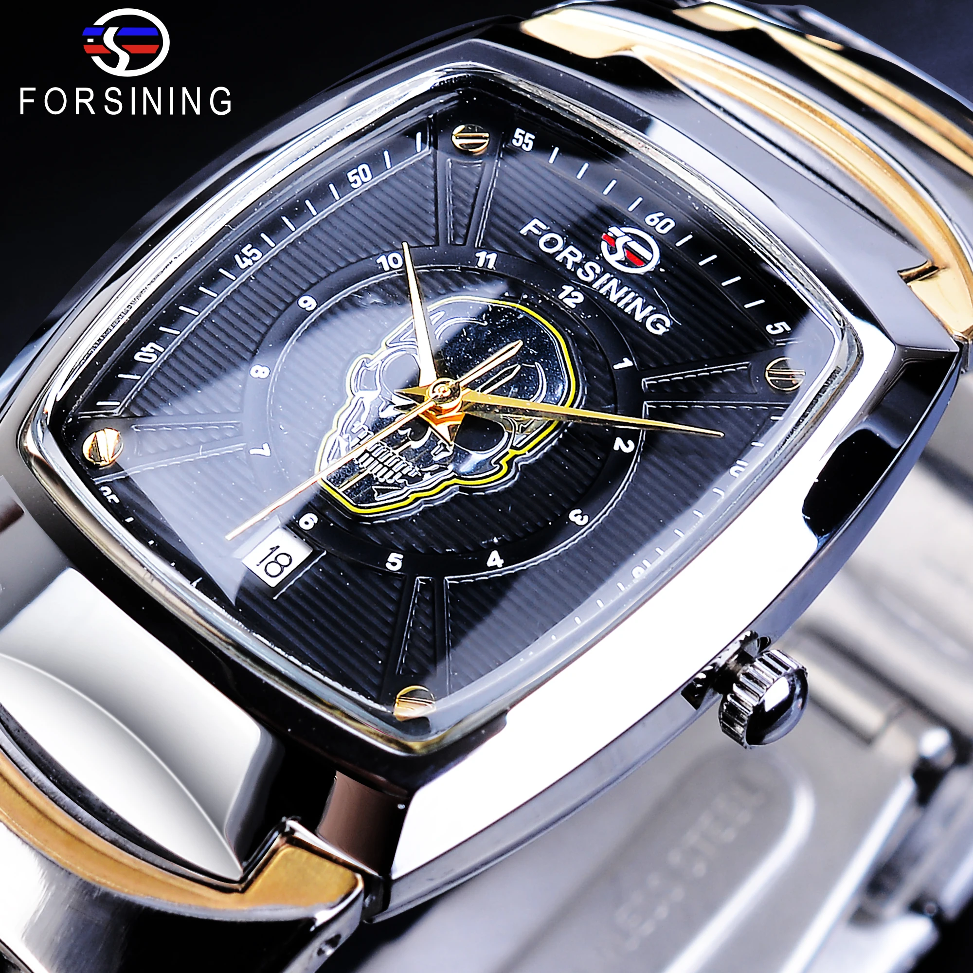 

Forsining Creative Quartz Watch Skull Head Date Ghost Skeleton Rectangle Golden Stainless Steel Strap Men Dress Wristwatch Clock