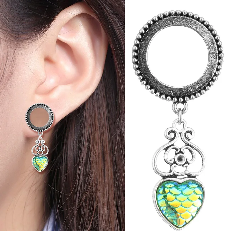 2pcs Steel Helix Dangle Ear Plugs Tunnels Fish Scales Dangle Ear
