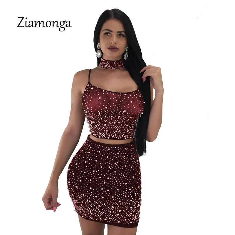 Ziamonga, прозрачный сетчатый комплект из 3 предметов с жемчугом, женская сексуальная одежда для ночного клуба, колье+ ремень-спагетти, на шнуровке, с открытой спиной, укороченный топ+ юбка