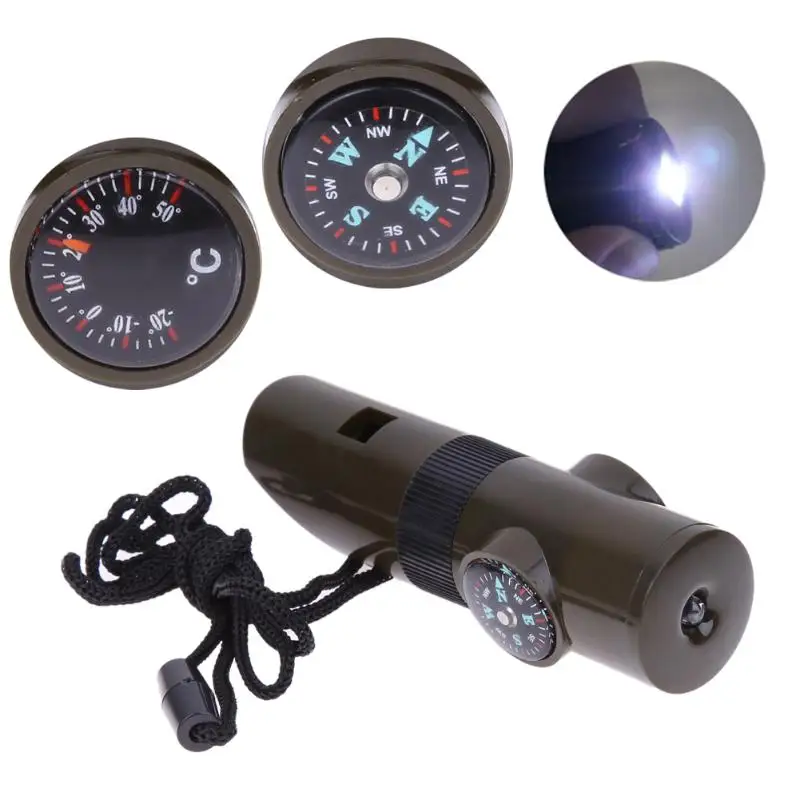 

7 in 1 Mini SOS Survival Kit Camping Survival Whistle With Compass Thermometer Flashlight Magnifier tools For Outdoor Hiking