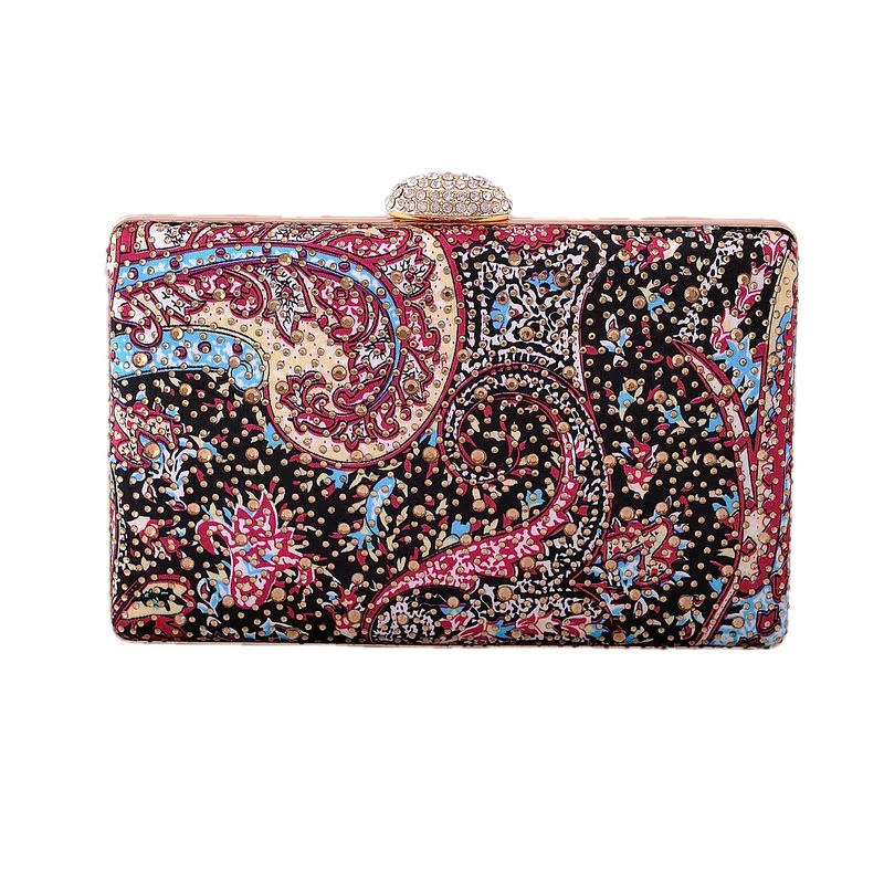 

Women Retro Print Flower Clutch Diamond Hard Case Evening Bag Wedding Party Small Mini Handbag Wallets Ladies Chain Shoulder Bag