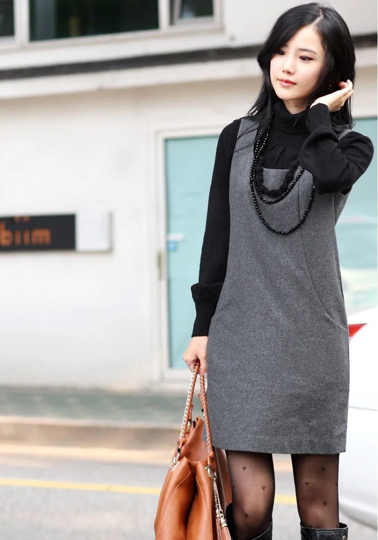 

Woman Spring Plus Size Solid Sleeveless Square Collar Knee-length Loose 30% Wool A-line Dresses Female Autumn Hedging Dress