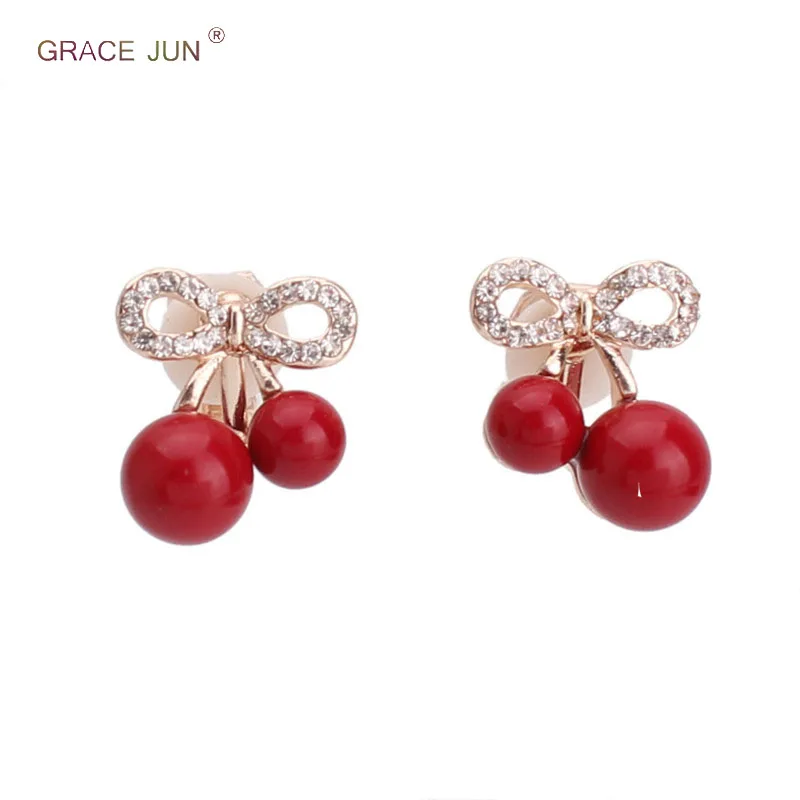 

Korea Style Fashion Double Simulated Pearl Rhinestone Bowknot Cherry Shape Clip on Earrings No Pierced and Pierced Earrings New