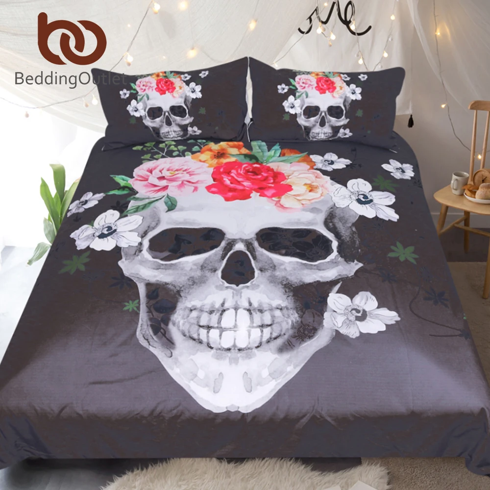 

BeddingOutlet Sugar Skull Duvet Cover Set 3pcs White and Black Floral Bedclothes Flowers Bedding Set Queen Gothic Home Textiles