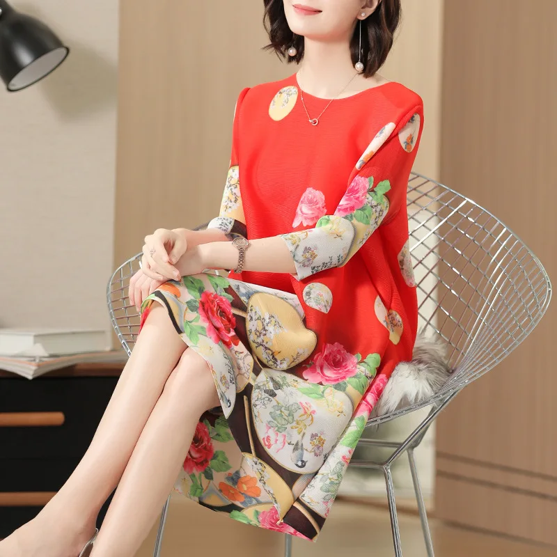 

Fashion Print Pleated New Summer Women's Dresses Loose Big Size Dresses