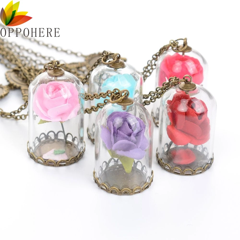 

Vintage Bronze Wish Glass Bottle Pendant Dried Rose Flower 3D Real Necklace Long Sweater Chain Necklaces For Women Girls