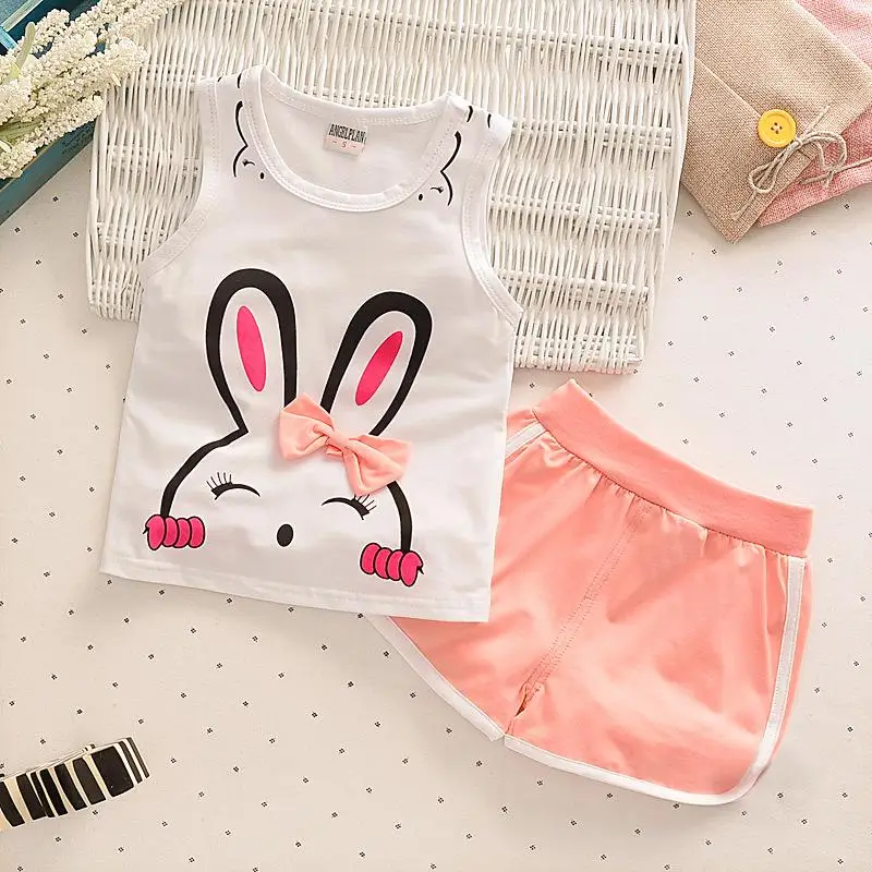 

2017 Cotton Sleeveless Vest Shorts Suit for Girls New Summer Carttoon Rabbit Children Kids Clothing Set Toddler Girls Clothes