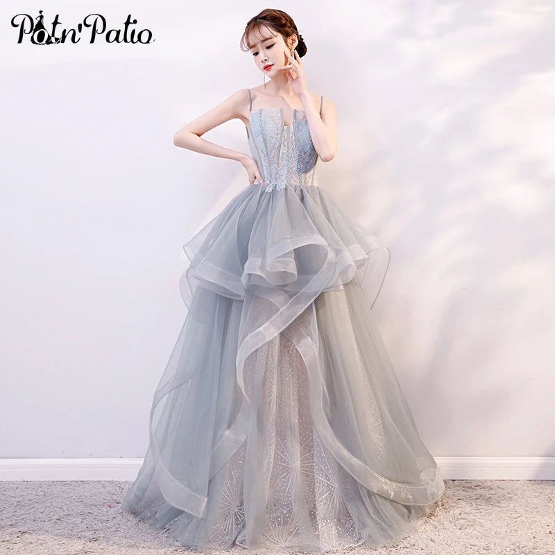 

Sexy Spaghetti Straps Backless Ball Gown Evening Dresses Long Shiny Glitter Tiered Tulle Gray Prom Dresses 2019 Plus Size