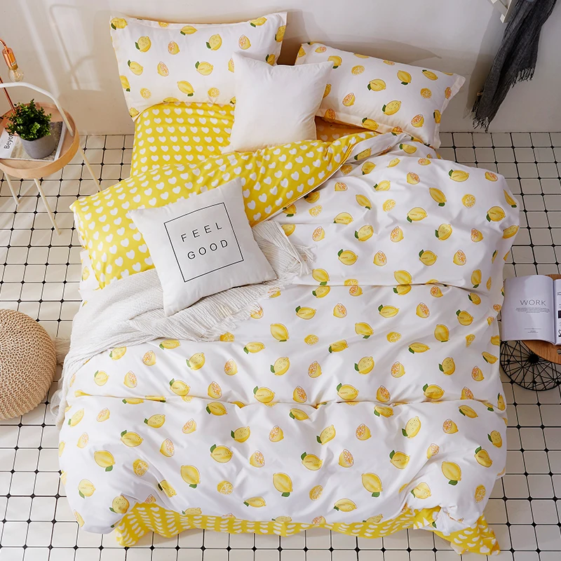 2019 Yellow Lemon Prints Bedding Set 3 4pcs Kids Adult Bed Linen
