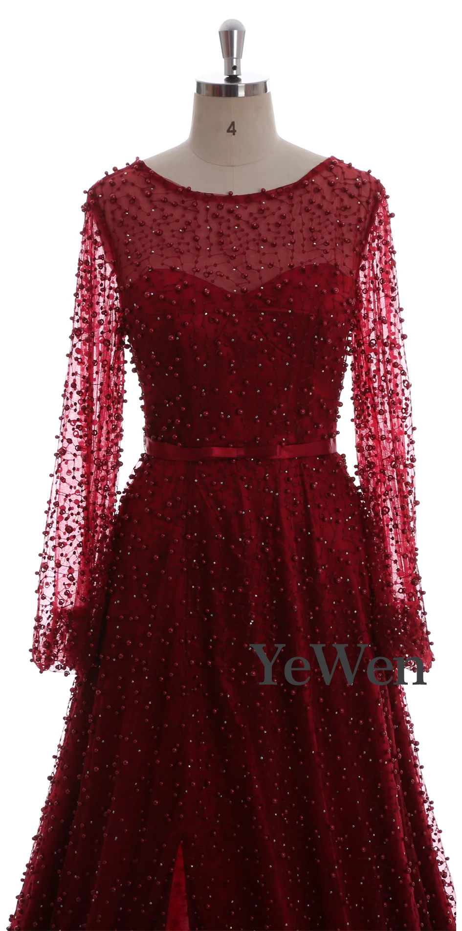 Вечерние платья с рукавами-фонариками и высоким разрезом цвета красного вина с жемчугом, кружевные вечерние платья с длинным рукавом, роскошное Тюлевое вечернее платье, настоящая фотография Дубая