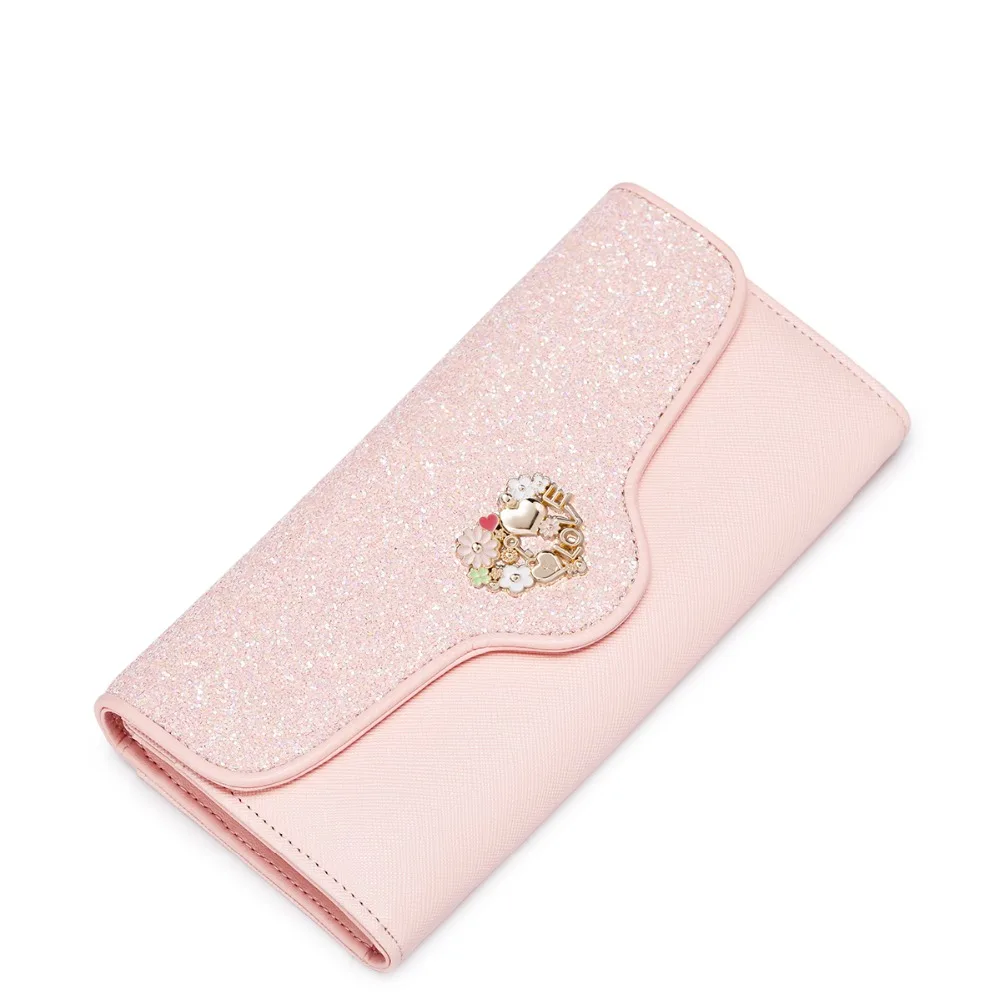 Women Love Mental Sequined Light Pink Leather Long Clutch Card Holder Wallet Ladies Purse-in ...