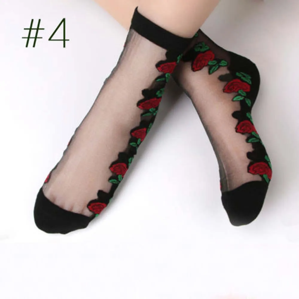 Для женщин Кристалл Кружева Стекло роза Шелковый цветок дамы короткие тонкие пикантные прозрачные носки - Цвет: 4