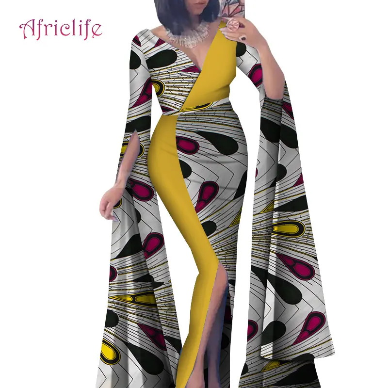 Сегодня предложение Африканский Базен ткань платье для бассейна Сексуальные Женщины Глубокий V дизайн лоскутное вилка Африканский принт платья юбка WY4636 - Цвет: 12