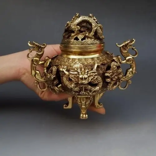 7 &quotКитайская латунная позолоченная 9 Дракон благовония горелка курильница