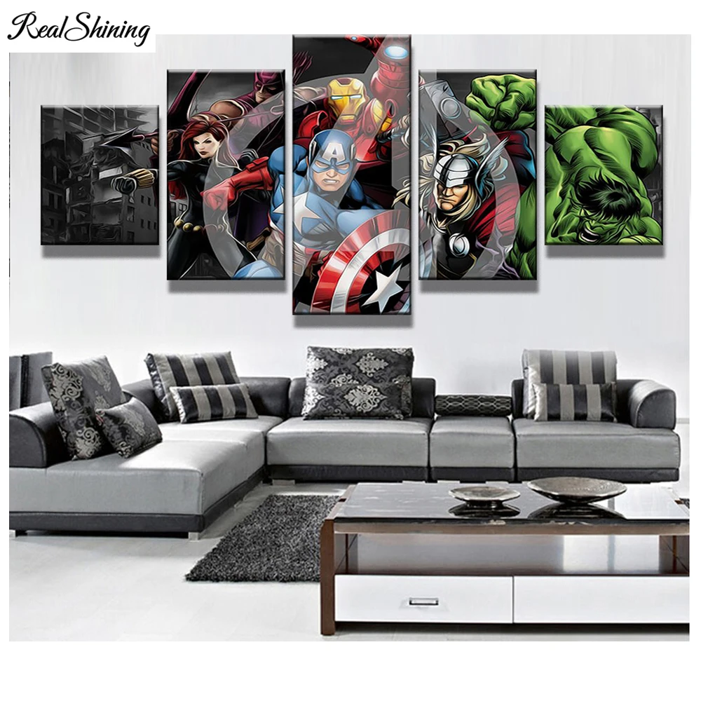 

REALSHINING 5Pcs 3D Full Square Diy Diamond Painting Cross Stitch Pattern Diamond Embroidery Marvel Avengers Room Decor DM342