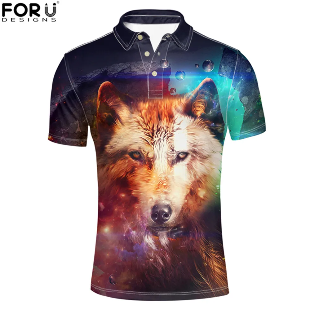 

FORUDESIGNS Men Polo Shirt Starry Crazy Wolf Printed Mens Clothing Short Sleeve Shirt Adult Male Summer Brand Tops Tees Button L