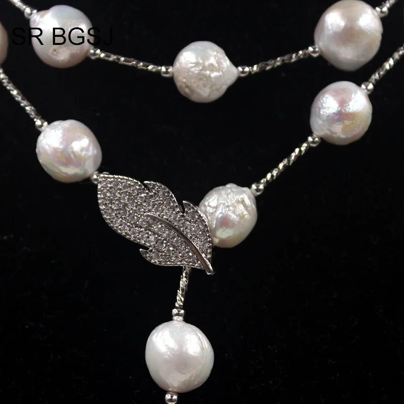 Free Shipping White Edsion FW Pearl Beads Brass Drop Leaf Rope Sweater Necklace 9 10mm 36&quot| |