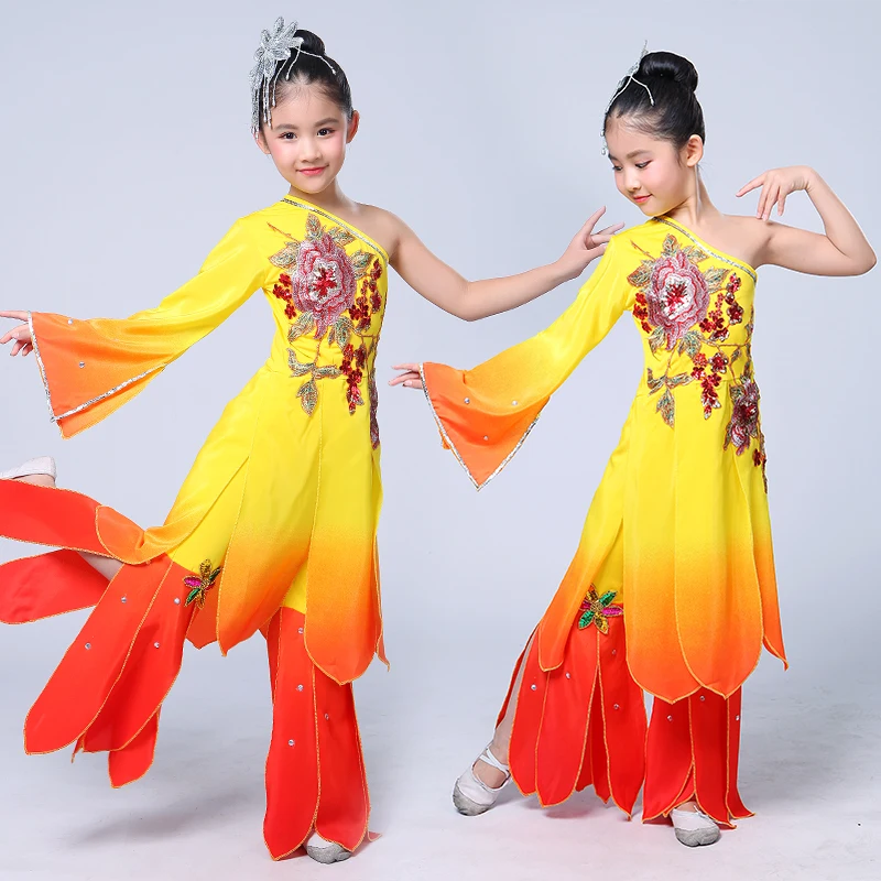 

Chinese Folk Costume Children Yangko Dancing Clothing Fan Dance Costume Traditional Costume National Classic Dancer Wear