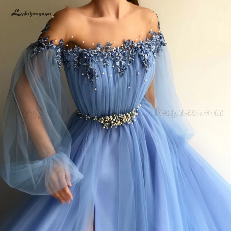 Lakshmigown, вечернее платье с открытыми плечами, синее,, сексуальные арабские женские платья для выпускного вечера, вечерние платья с длинным рукавом, вечернее платье с разрезом по бокам