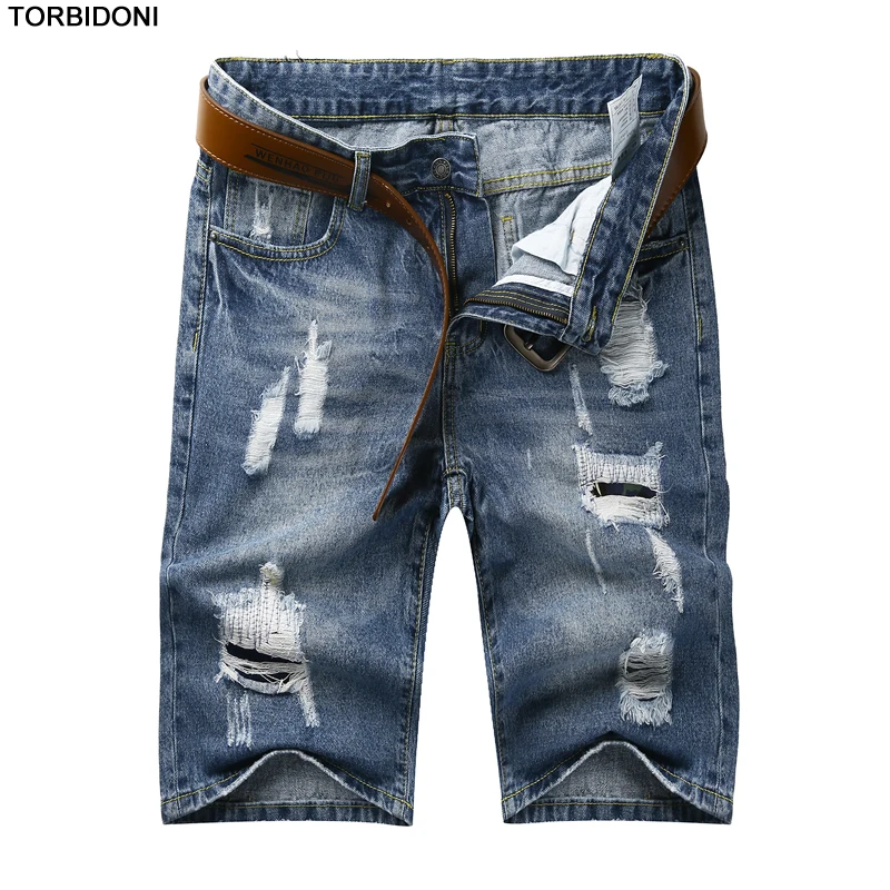 Fashion Ripped jeans Mens Hole Denim Shorts Summer Straight Casual Knee