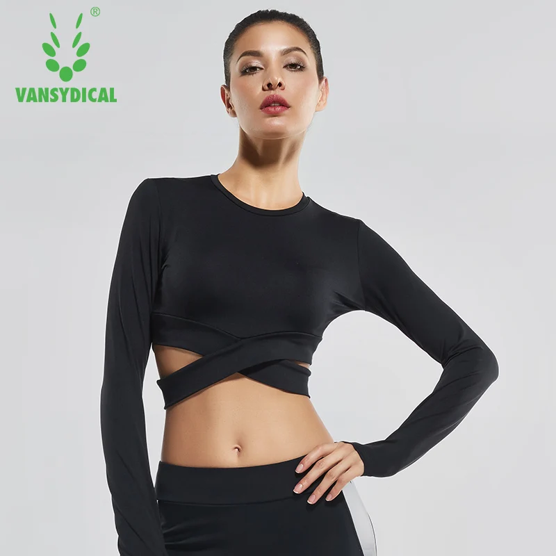 preço Sexy Exposed umbigo Yoga Camisetas Mulheres T shirt de Fitness Secagem rápida De Manga Longa Em Execução Ginásio Topos de Culturas Vansydical Sólidos Camisas de Esportes