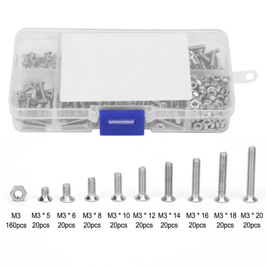 340 шт. M3x5/6/8/10/12/14/16/18/20 мм Нержавеющая сталь Крест винт с плоской головкой, винты с потайной головкой кабельные наконечники в наборе для M3 Шестигранная гайка