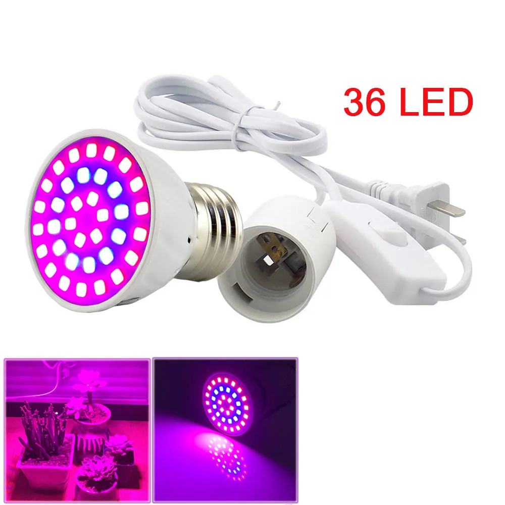 

36 LED Grow Light Plant Growing lights Bulb Lamp for Plants with E27 AC Power Cable Set for Hydroponics Seeds Flower Vegetable