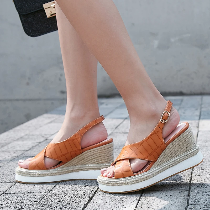 

Women's genuine leather Stone pattern cross strap wedge platform sandals brand designer open toe summer leisure sandalias shoes