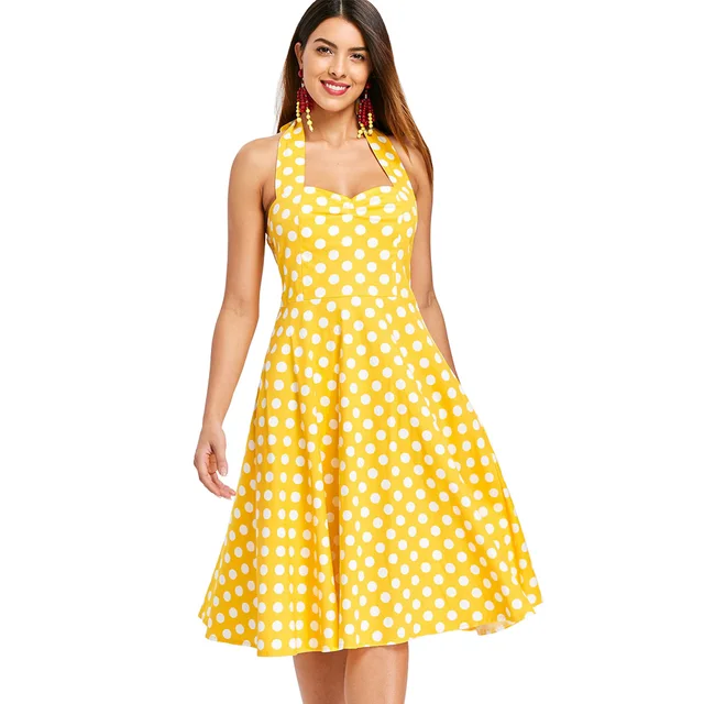 Wipalo Plus Size 5xl Women Summer Dress Vintage Yellow Polka Dot A Line 