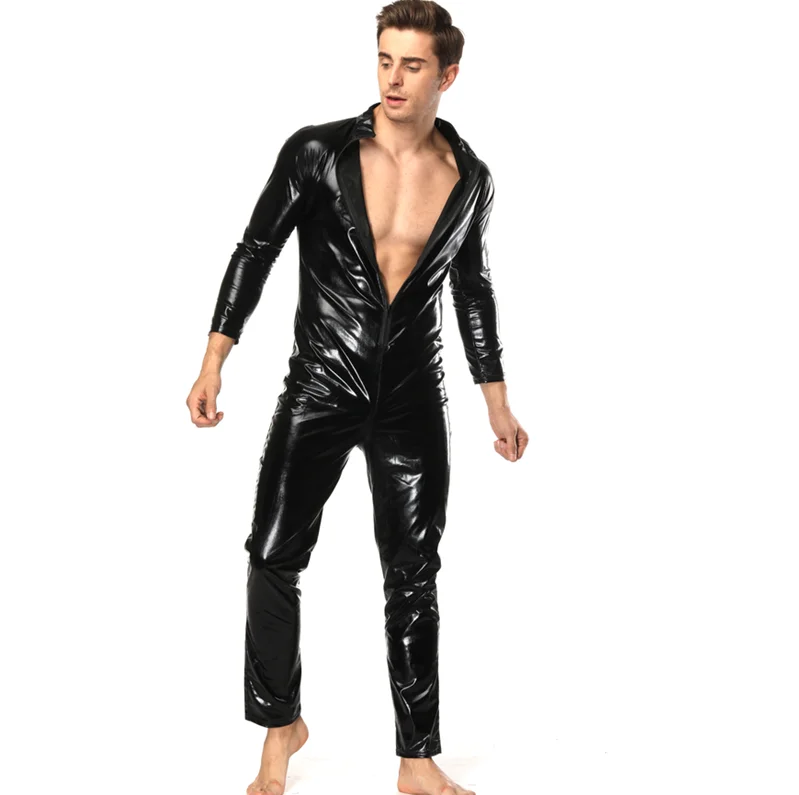 Мужской костюм из латекса и кожи черный блестящий эротический боди Zentai S
