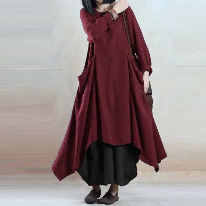 Plus Size ZANZEA Retro Spring Women O Neck Long Sleeve Pockets Cotton Linen Loose Solid Pleated Irr
