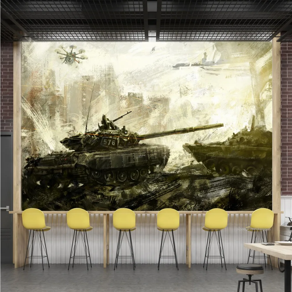 

Free Shipping Custom Wallpaper Mural Retro Tank War Scene Watercolor Night Bar KTV Background Wallpaper Decorative Painting