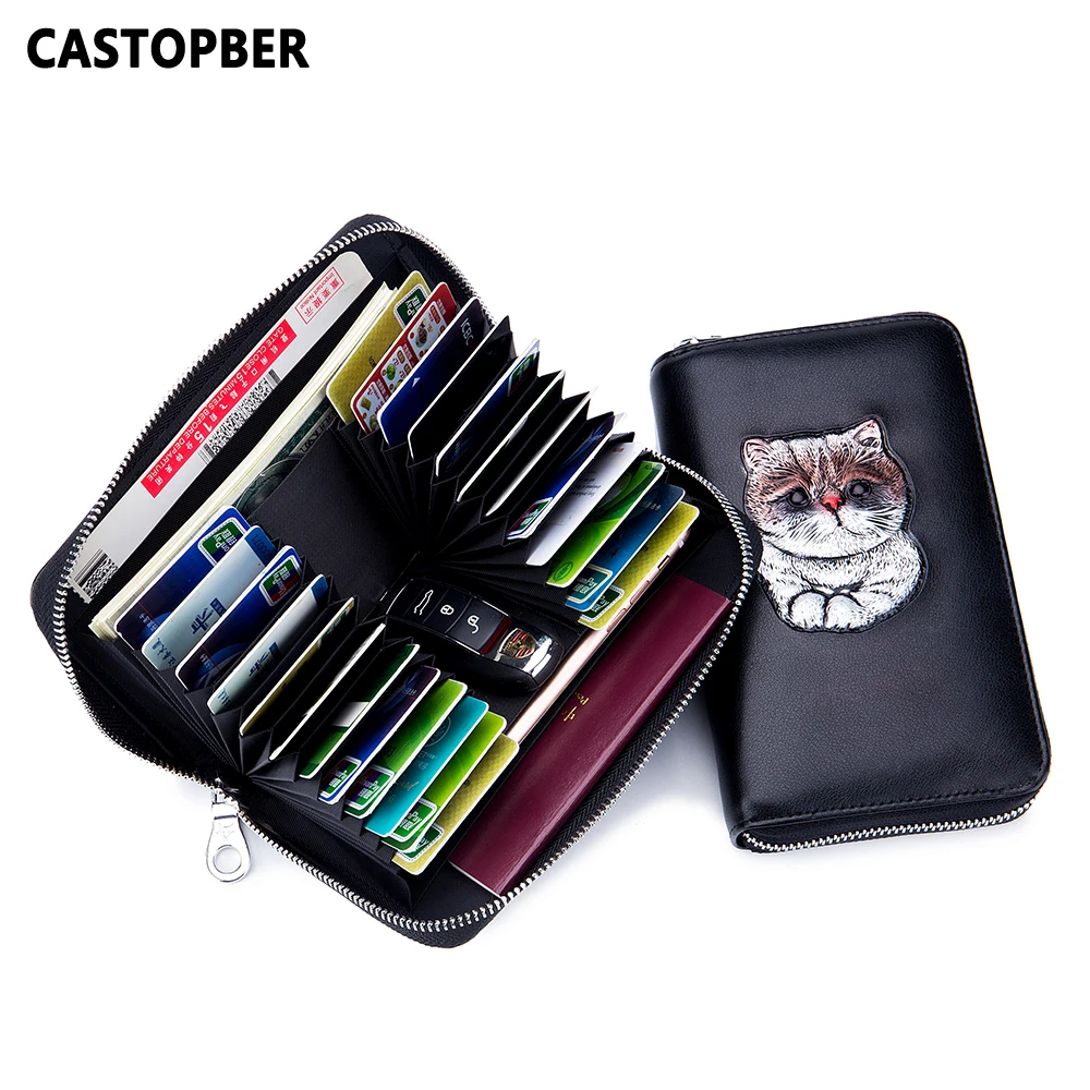 

Pocket RFID Blocking Wallet Women Antitheft Painted Cute Cat Split Leather Ladies Fashion Wallet Card Holder Girls Long Purse