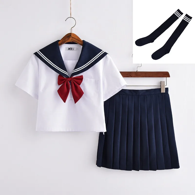 Горячая Распродажа, японская школьная форма для девочек, морская моряка, школьная форма JK, школьная форма, костюм для косплея, S-XXL - Цвет: Short Set With Socks